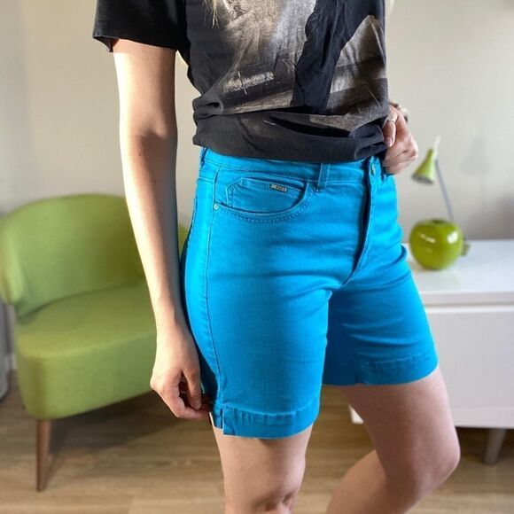 90s  Vintage Teal High Waist Long Jean Bermuda Shorts - Picture 5 of 14